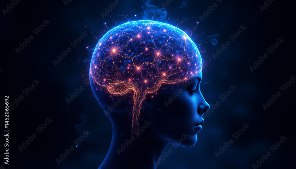 Glowing neural network inside human head silhouette showing brain activity and intelligence Glowing neural network inside human head silhouette showing brain activity and intelligence