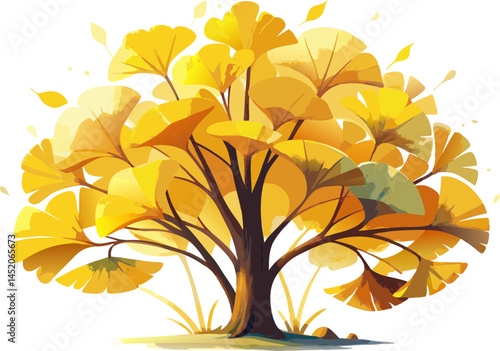 Ginkgo biloba tree in autumn with bright yellow leaves against blue sky.