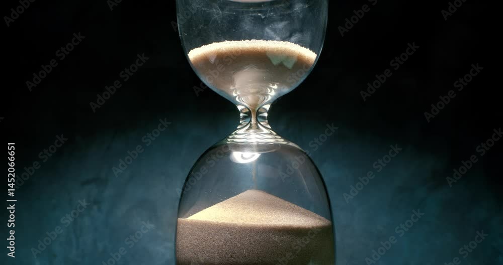 Hourglass with grains of sand on a dark background. Shot on super slow motion camera 1000 fps.