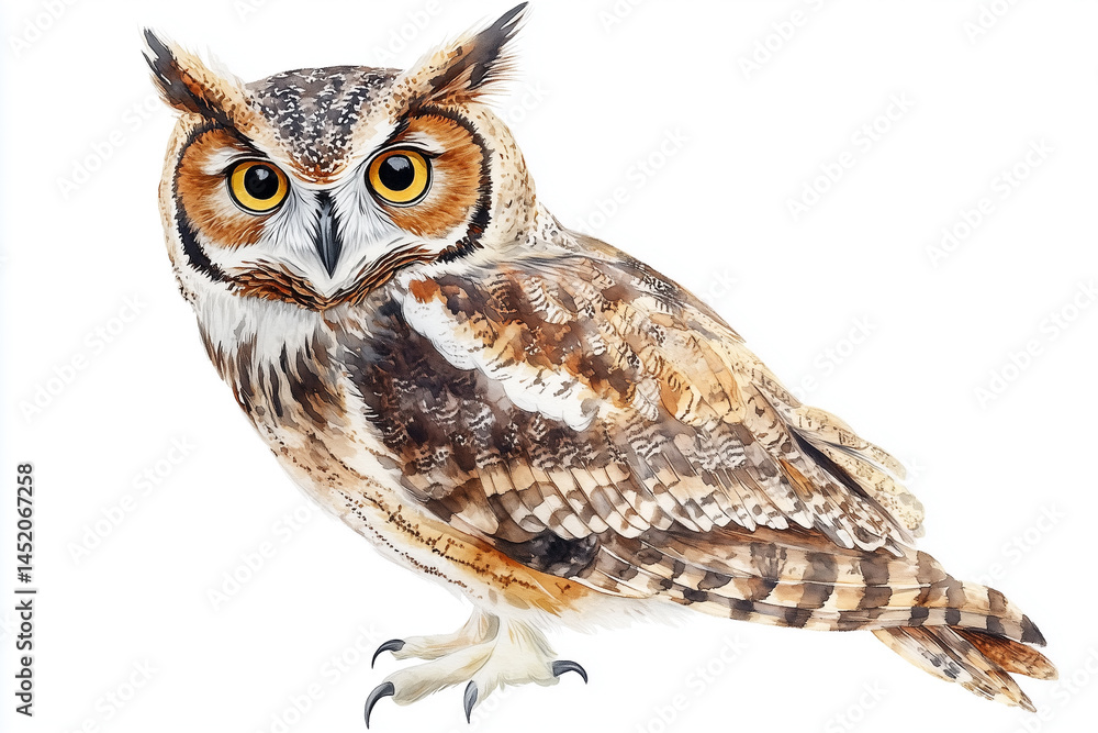 Fototapeta premium A detailed illustration of a majestic owl, featuring striking eyes and intricate feather details, stands proudly against a minimalist backdrop.