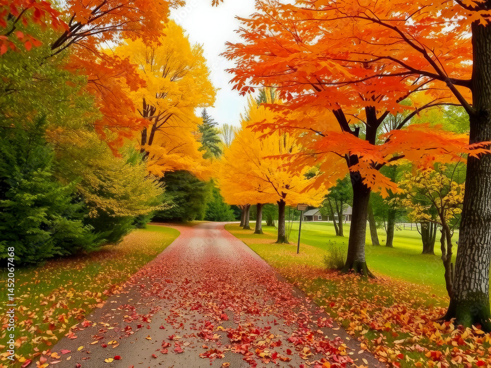A road with trees on both sides and leaves on the ground. The leaves are orange and yellow