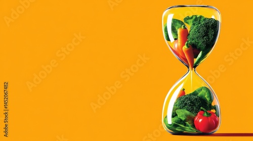 Colorful hourglass filled with fresh vegetables against a vibrant yellow background