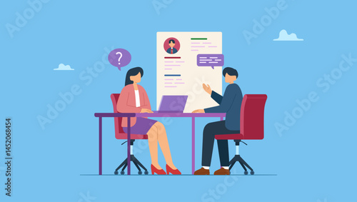 Vector illustration of HR interview new employee. Employment interview, business Job Interview concept. A young woman interviewer asking questions and a man, potensial employee answers them.