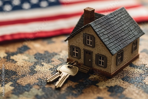 Miniature house model with keys in front of an american flag symbolizing real estate