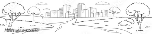 River city graphic black white cityscape skyline long sketch illustration vector 
