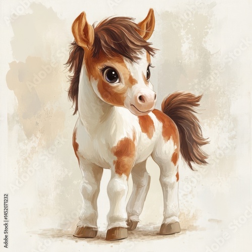 Adorable Brown and White Foal in Watercolor Style