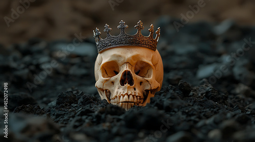 Crowned Skull: A skeletal remains wears a regal crown, emerging from dark earth, symbolizing mortality, power, and the transient nature of earthly rule.