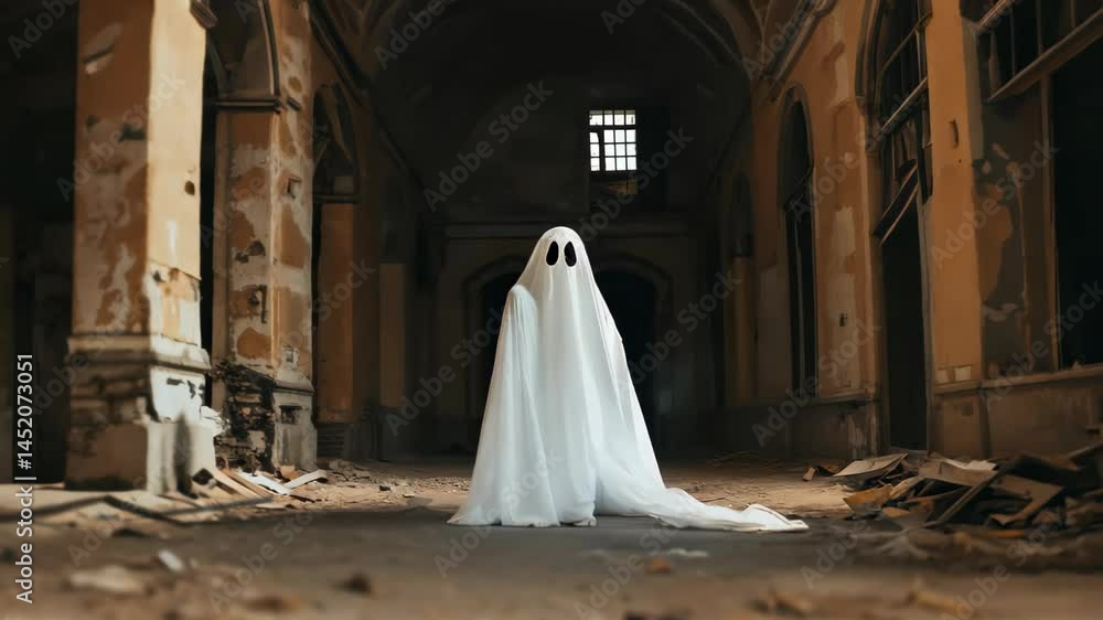 A haunting ghost figure in a white fabric drape stands still in a decaying abandoned building. The eerie atmosphere evokes mystery and solitude, perfect for creative projects. A haunting ghost figure in a white fabric drape stands still in a decaying abandoned building. The eerie atmosphere evokes mystery and solitude, perfect for creative projects.