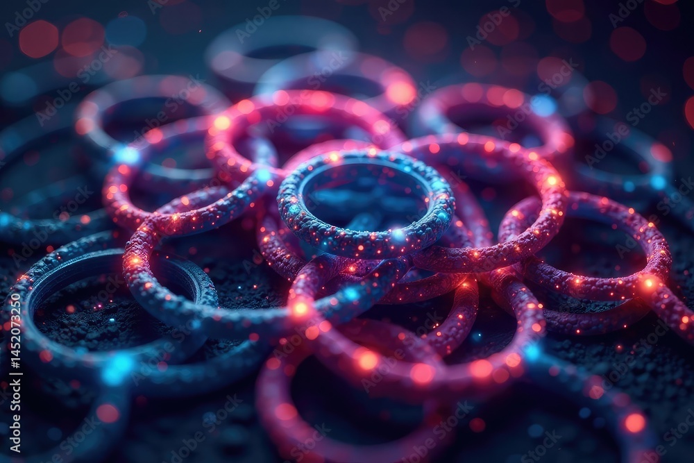 Interlocking circles creating a complex network, artistic, background Interlocking circles creating a complex network, artistic, background