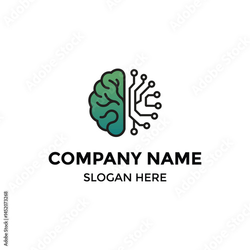 A modern, minimalistic logo featuring a split brain illustration where one half represents a human brain and the other half mimics a digital circuit. Perfect for artificial intelligence .