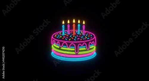 Vibrant Neon Birthday Cake with Lit Candles Festive Party Design
