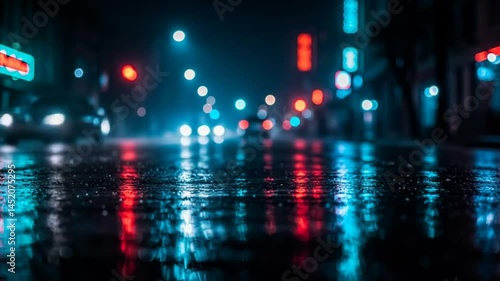 Cityscape Reflections: Rain-Kissed Pavement Shimmering with Blurry Lights and Glowing Neon Signs in a Dark, Moody Urban Environment, Evoking a Feeling of Solitude and Wonder