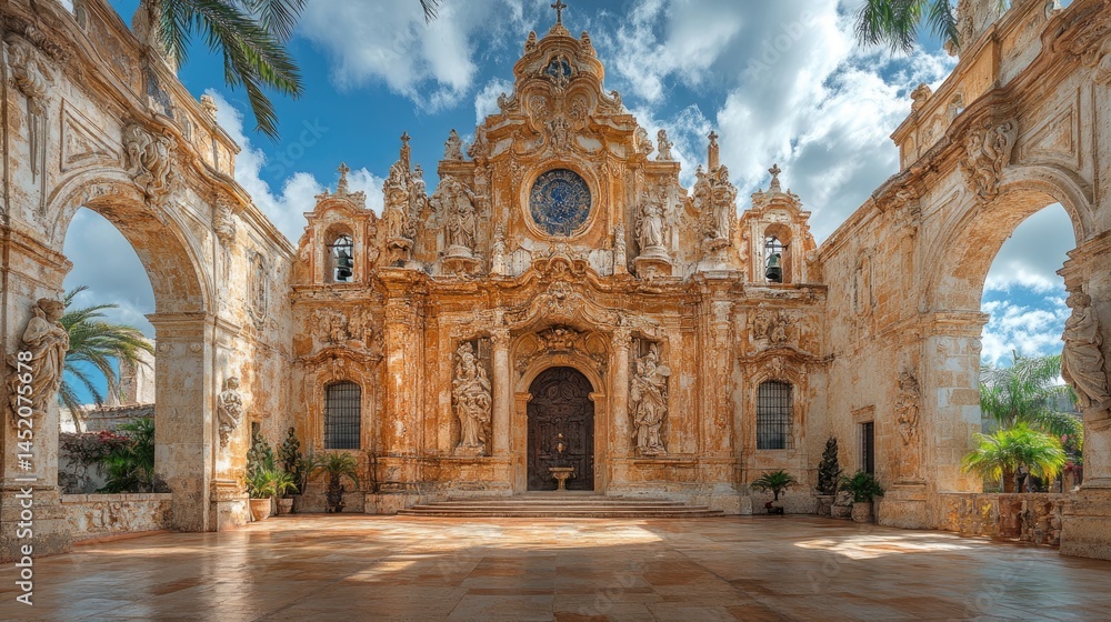 Obraz premium Ornate church facade, sunlit courtyard