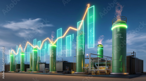 A futuristic green hydrogen refinery with glowing digital growth charts above storage tanks, symbolizing clean energy investment, sustainability, and economic growth in renewable industries.