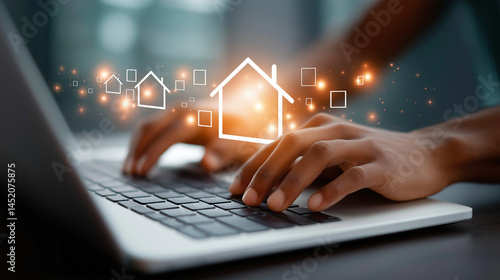 Hands typing on a laptop with glowing house icons, symbolizing online real estate services, property search, and the digital transformation of the housing market.