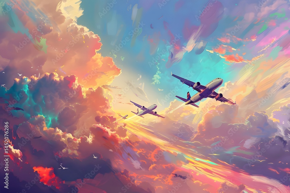Naklejka premium Airplanes Soar Through Vivid Sunset Cloudscapes: A Journey Above the World with Breathtaking Hues and Dramatic Skies, Witnessing the Majesty of Flight.