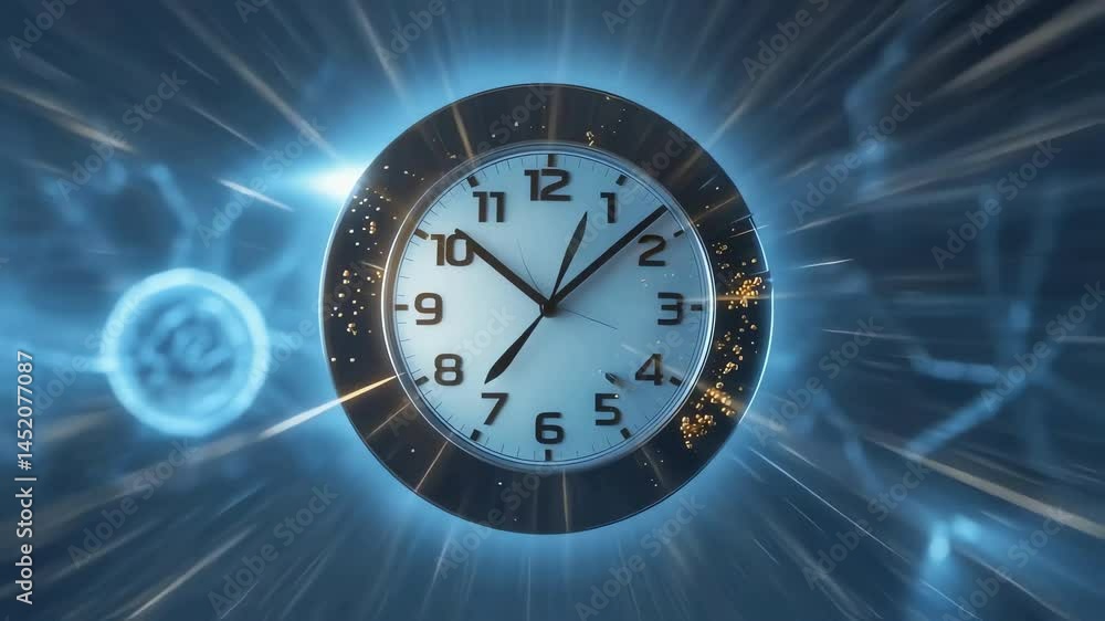 Time flies backwards into the past. Timelapse clockface going backwards back in time and zooms away from the camera with a timelapse.  Spiral Clock - The Flow Of Time - Dark, Blue, Turquoise neon