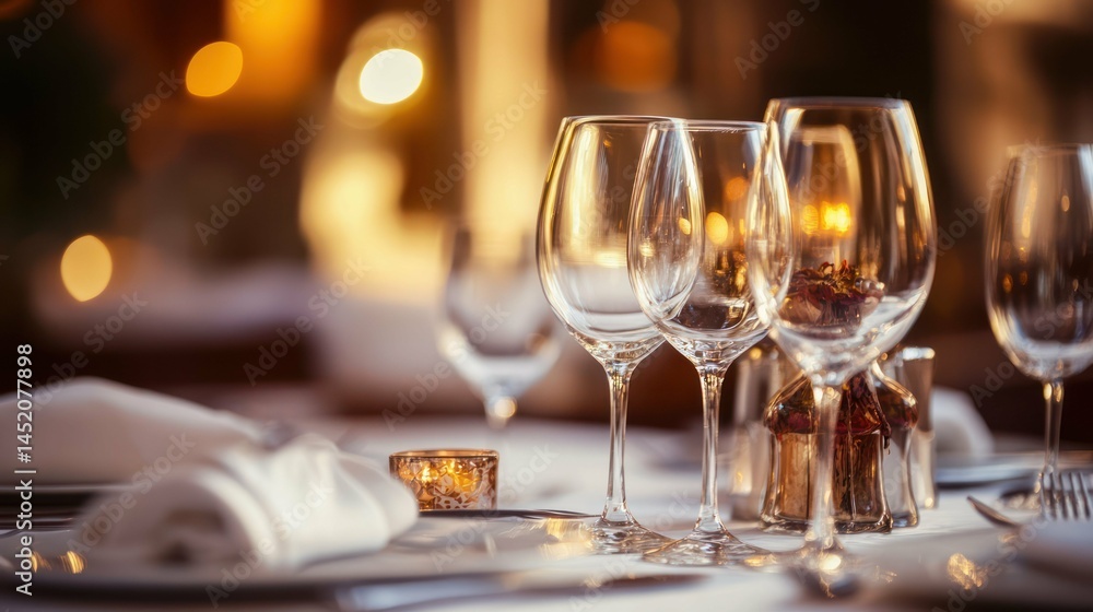 Elegant table setting with wine glasses and warm lighting, perfect for dining Elegant table setting with wine glasses and warm lighting, perfect for dining