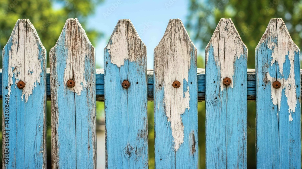 Weathered blue and white wooden picket fence in front of a garden. Weathered blue and white wooden picket fence in front of a garden.
