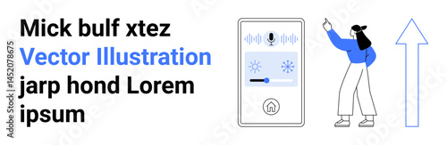 Woman interacting with smart home assistant touchscreen panel, adjusting settings for optimal control. Ideal for innovation, technology, smart home, interfaces, progress, future, and simple landing