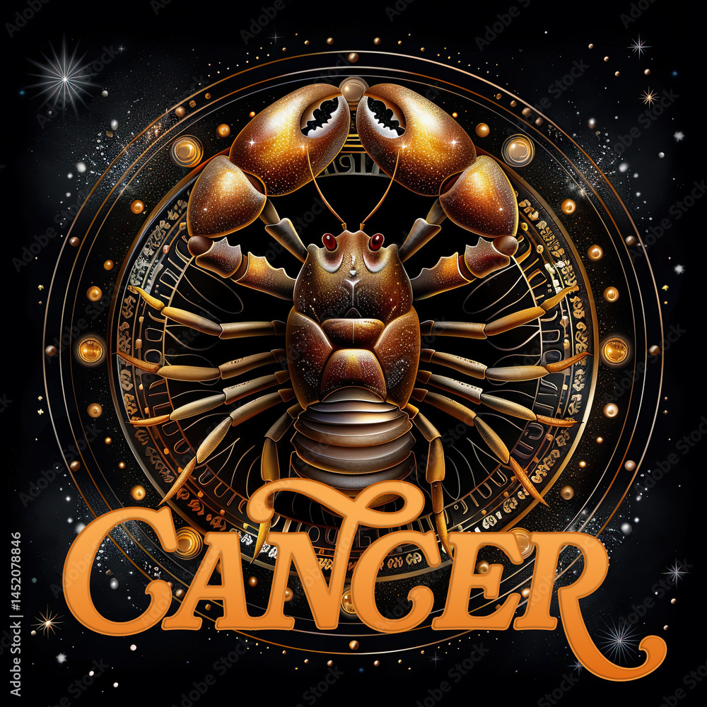 an artistic representation of the Cancer zodiac sign. It features a detailed illustration of a crab with a golden and dark brown color scheme, set against a starry night sky background.