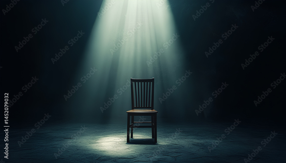The spotlight shines down on an empty chair in a dark room, evoking an air of mystery and interrogation The spotlight shines down on an empty chair in a dark room, evoking an air of mystery and interrogation