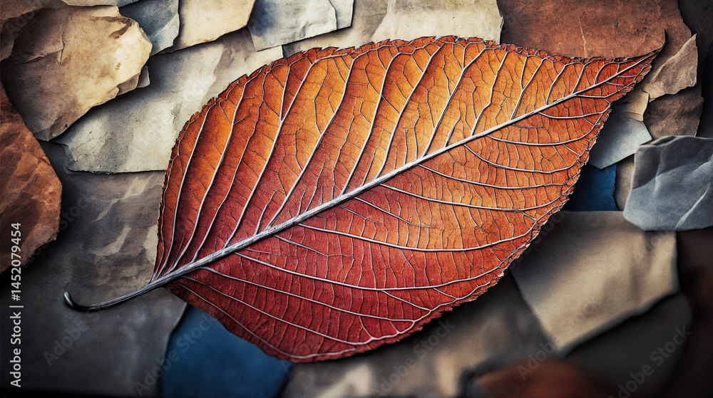 A detailed close-up of a dried leaf, showcasing intricate vein patterns against a backdrop of layered textures.