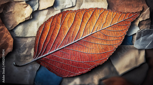 A detailed close-up of a dried leaf, showcasing intricate vein patterns against a backdrop of layered textures.