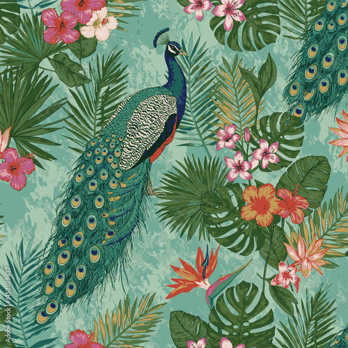 Seamless Jungle Pattern with Colorful Peacocks