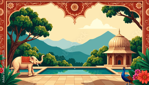 indian-landscape-elephant-peacock-temple-illustration-travel-art-design