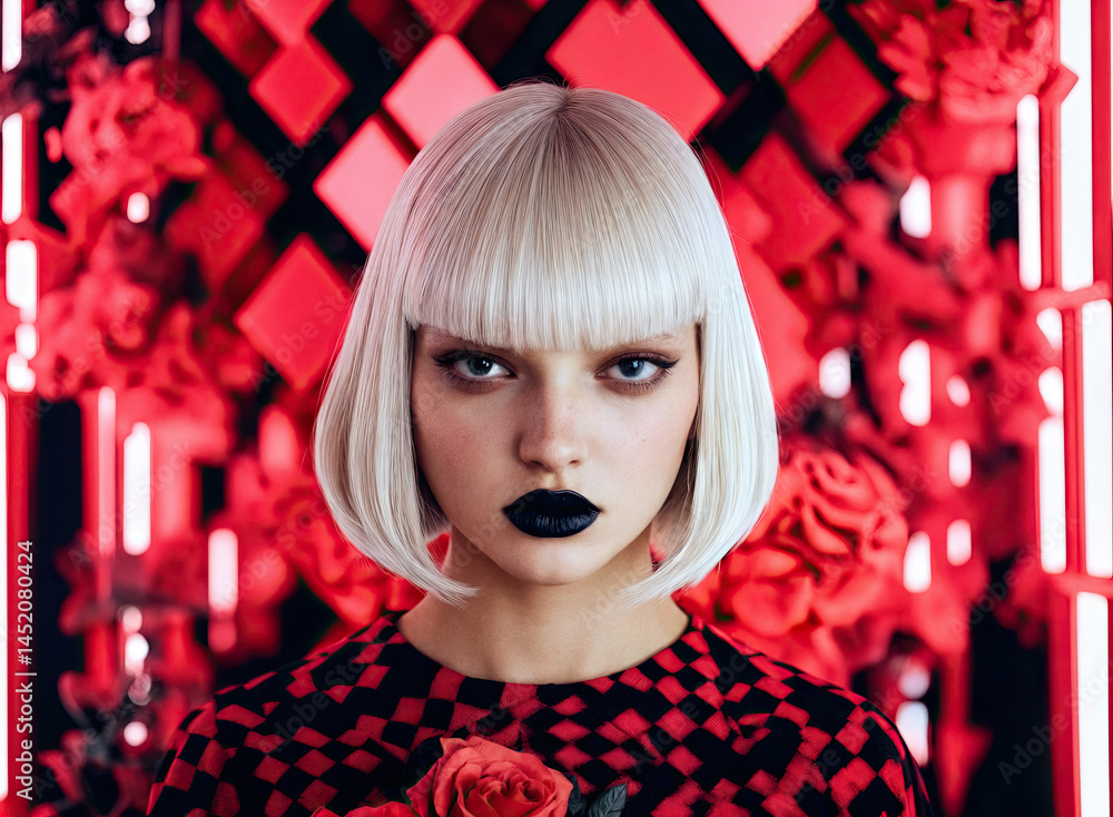 Fashionable portrait of a young woman in a red and black checkered top, her bold makeup and short hair creating a striking contrast against the vibrant red background.