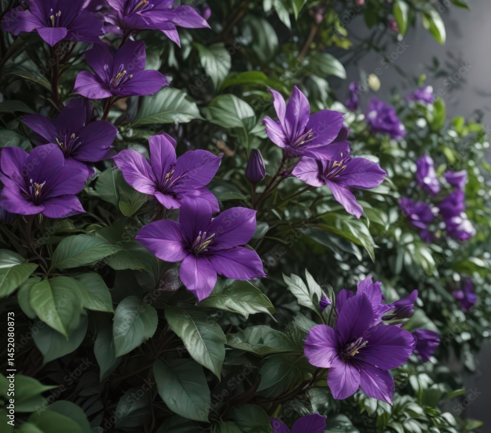Intense purple petals, lush green leaves, close-up botanical detail , purple flower petals, petals, image Intense purple petals, lush green leaves, close-up botanical detail , purple flower petals, petals, image