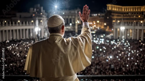 Newly elected Pope greets thousands of believers from balcony of St. Peters Basilica, blessing gathered crowd under glow of city lights. Pope symbolism of faith and unity historic papal appearance