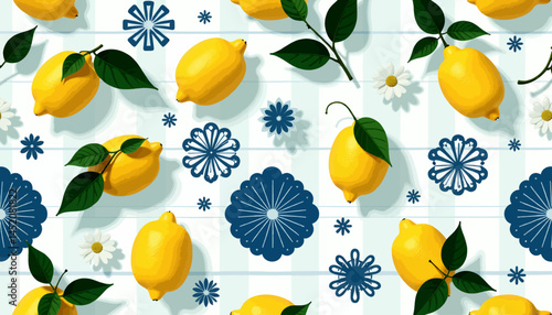 lemons-and-flowers-pattern-blue-checkered-background-fresh-design