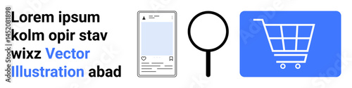 Mobile app page, magnifying glass, and shopping cart icon emphasize online shopping, search, and digital retail. Ideal for e-commerce, online stores, app design, marketing search engines social