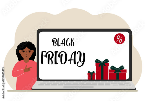 A little girl next to a big laptop, on his screen is the text black friday and a lot of gift boxes. Vector flat illustration