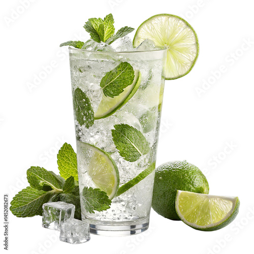 Crisp mojito in transparent tall glass with visible mint leaves and lime slices.