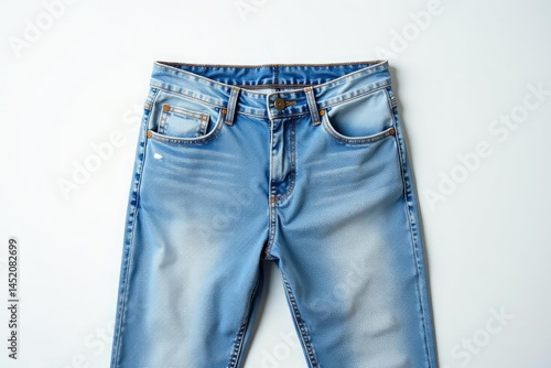 Pair of light wash jeans, clean white studio shot, button, product