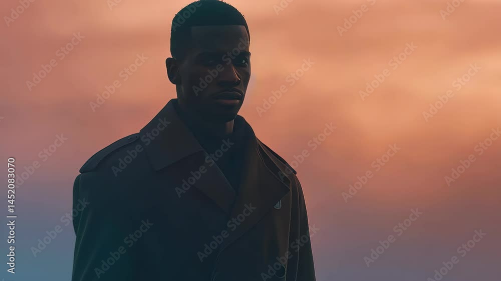 A stylish man stands confidently in an elegant overcoat against a dramatic sunset sky, capturing the essence of modern fashion and serene beauty. A stylish man stands confidently in an elegant overcoat against a dramatic sunset sky, capturing the essence of modern fashion and serene beauty.