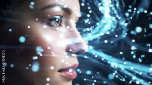 Profile close-up of a young woman's face observing abstract flowing blue light particles and networks. For tech concepts, data flow, communication, or futuristic vision themes. Perceiving the digital.