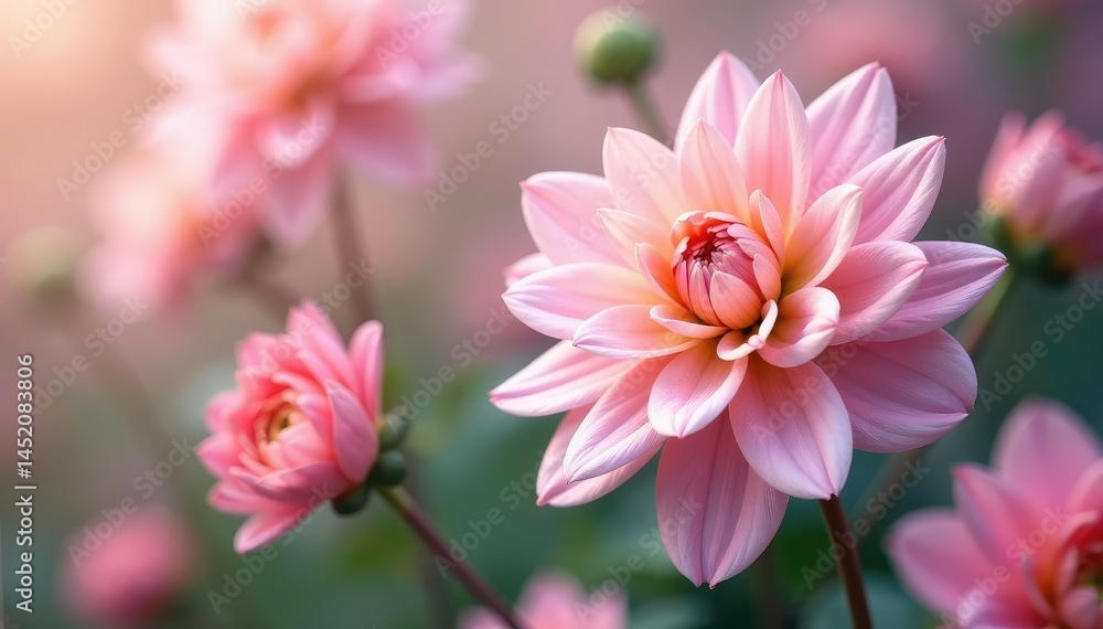Repeating dahlia motif, pastel hues, soft focus , focus, decorative Repeating dahlia motif, pastel hues, soft focus , focus, decorative