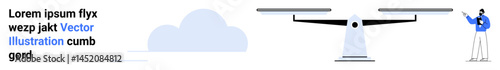 Drone flying with extended propellers and operator using remote control. Includes minimal text and cloud. Ideal for technology, innovation, delivery, control systems, exploration, future concepts