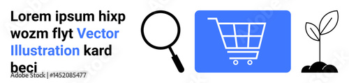 Shopping cart, magnifying glass, and plant sapling arranged to signify e-commerce, search optimization, and growth. Ideal for business, startup, eco-commerce, search strategy digital marketing