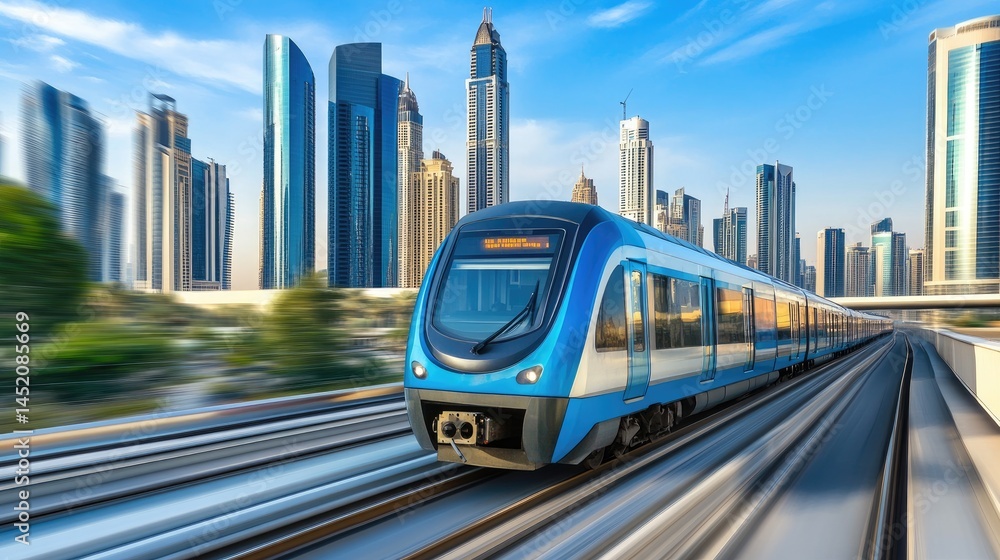 Naklejka premium Modern train navigating through a futuristic cityscape with towering skyscrapers under a clear blue sky. showcasing urban transportation innovation