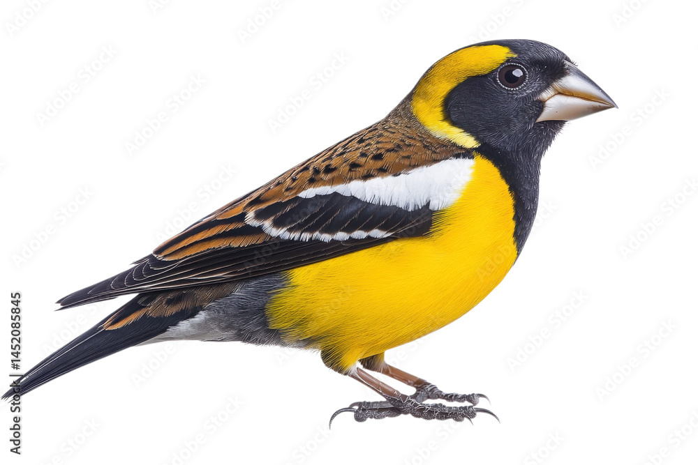Fototapeta premium Vibrant Evening Grosbeak: Isolated Bird Portrait, Perfect for Nature Photography, Wildlife Prints, on transparent background