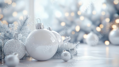 Close-up of white Christmas ornaments and frosted tree branches on a soft bokeh.