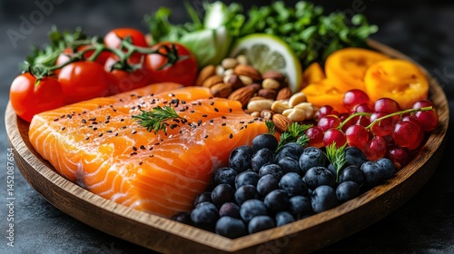 Fresh Salmon with Vibrant Garnishes: Elegant Arrangement of Raw Salmon Fillets, Citrus, Berries, Nuts, and Herbs for Gourmet Cooking.