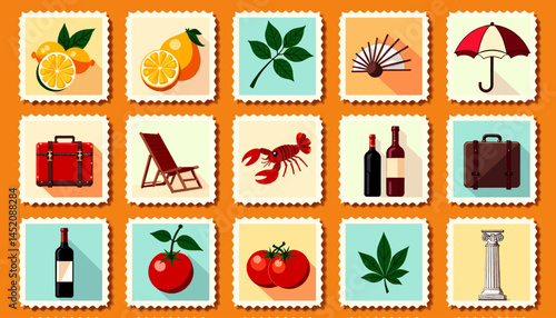 Holiday-icons-fruit-travel-wine-food-symbols-stamp-design-vector-illustration
