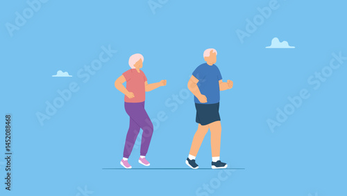 Vector illustration of senior, elderly couple jogging. Happy senior man and woman spends time outdoors.