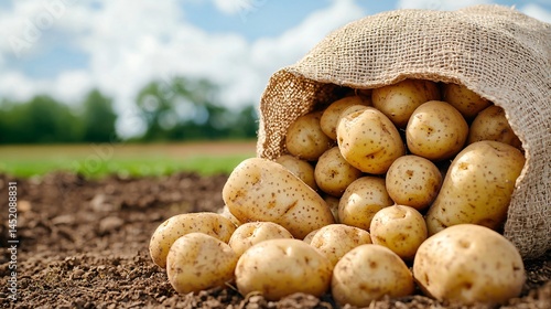 Harvested potatoes in burlap sacks beside field, arranged naturally on ground with background trees and clouds, detailed texture of sack fabric and root vegetables